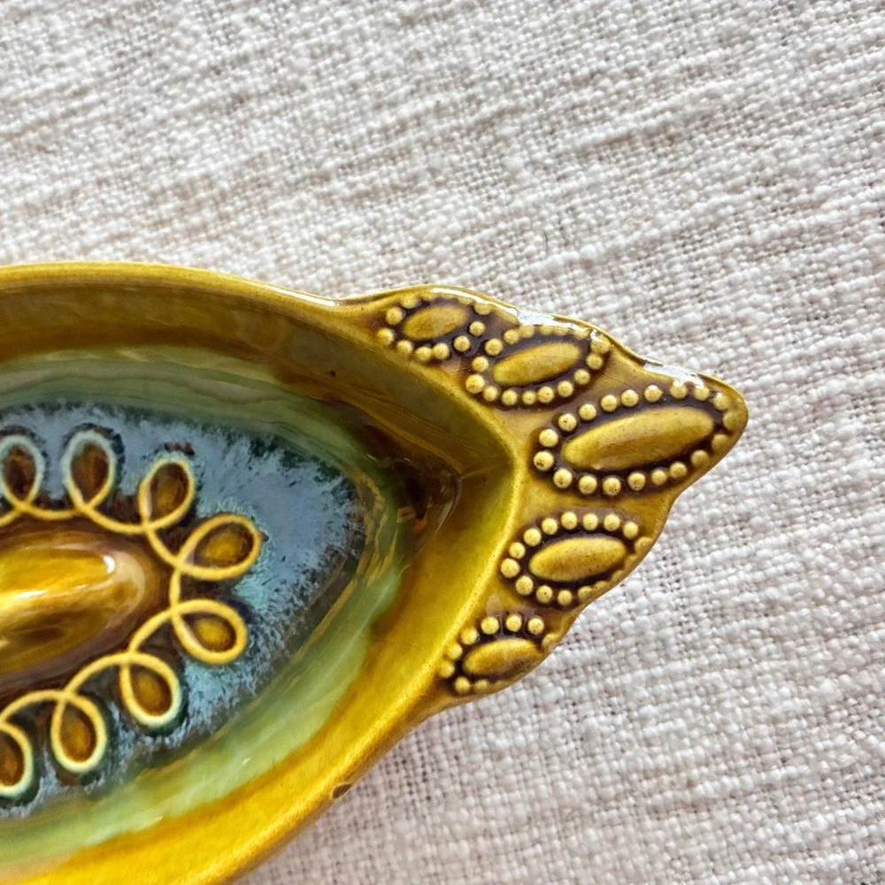 Vintage 1960s Ashtray Olive Green Blue Drip Glaze MCM Calif Pottery USA E9-11